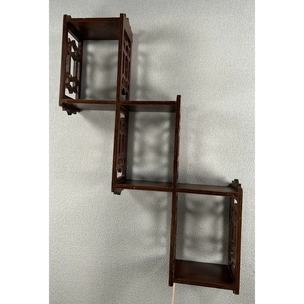 VTG Mahogany? Wood 3 Tier Wall Shelf Carved Fretwork 24
